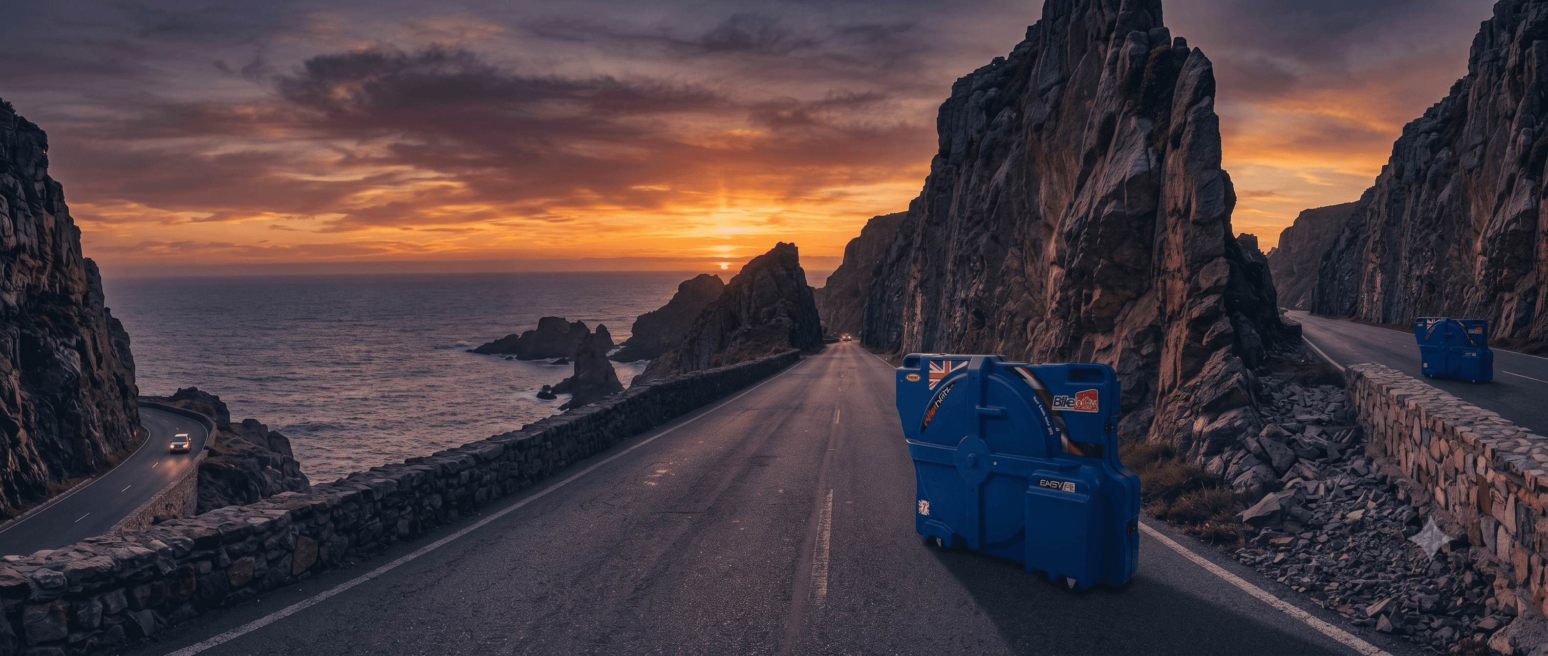 Bike Box Alan travel case on a scenic coastal road at sunset
